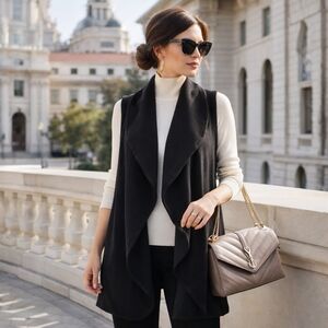 Lost In Layers Wool Cotton Blend Black Sleeveless Drape Vest | Layering Jacket